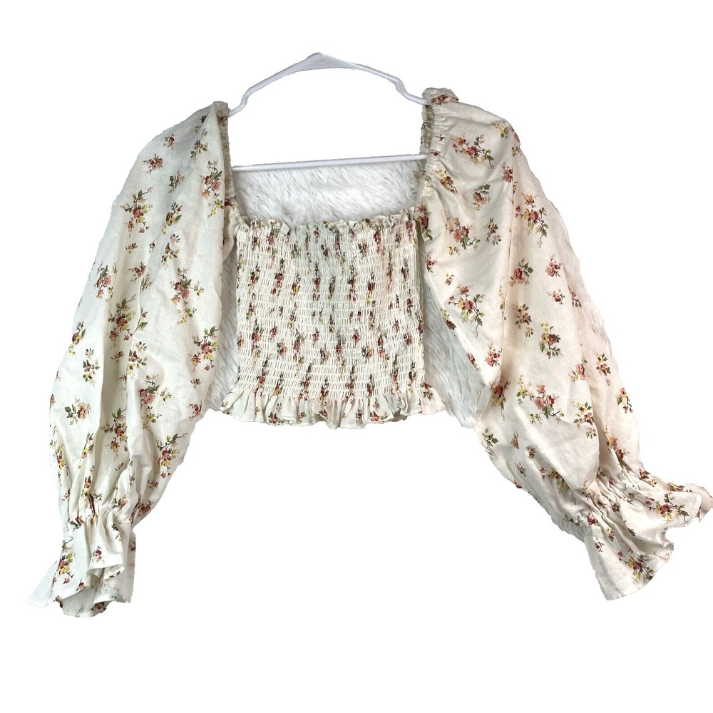 Petal + Pup Women's Shirred Balloon Crop Top White Floral Cottagecore Fairy